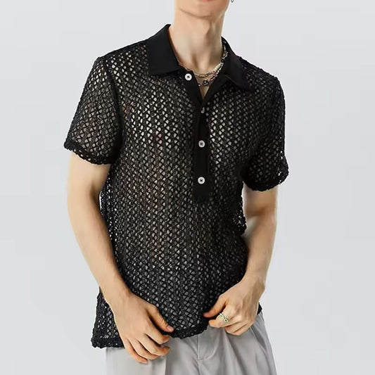 Summer Men's Clothing Knit Hollw Out Shirts Lapel Short Sleeve Mesh Sexy Button-down Solid Color Streetwear Party Knitwear S-3XL