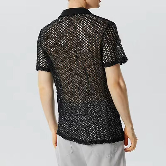 Summer Men's Clothing Knit Hollw Out Shirts Lapel Short Sleeve Mesh Sexy Button-down Solid Color Streetwear Party Knitwear S-3XL